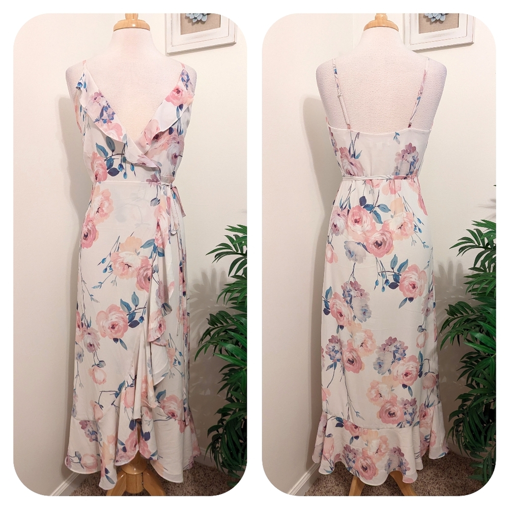 Yumi Kim Meadow Ruffled Floral Wrap Maxi Dress Dutch Rose Ivory XS